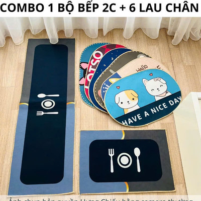 Combo bộ thảm bếp 2 tấm + 6 tấm thảm lau chân hình tròn thấm hút nước tốt và chống trơn trượt ND22