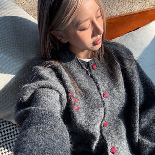   ẢNH THẬT  SẴN Áo len khoác cardigan khuy tim in thêu logo mèo màu trơn xám và xanh than phối siêu xinh nữ sinh hàn quốc 