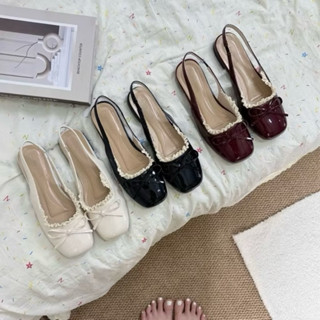 Giày búp bê nữ da bóng mũi tròn phối ren mẫu mới lên chân siêu đẹp mã qv58