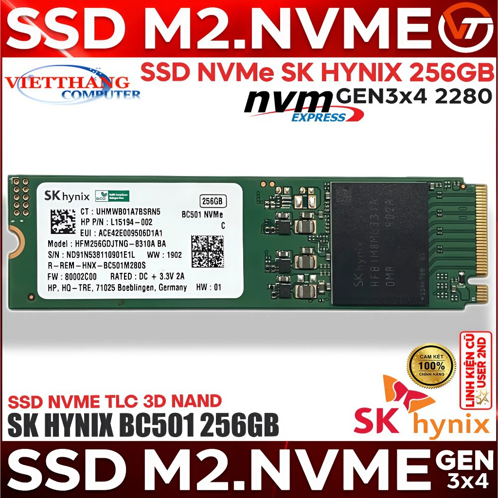Ổ cứng SSD M2.Nvme BC501 256GB SKhynix Gen3x4 2280 SSD Cũ đã qua sử dụng còn đẹp ( Cũ - 2nd )