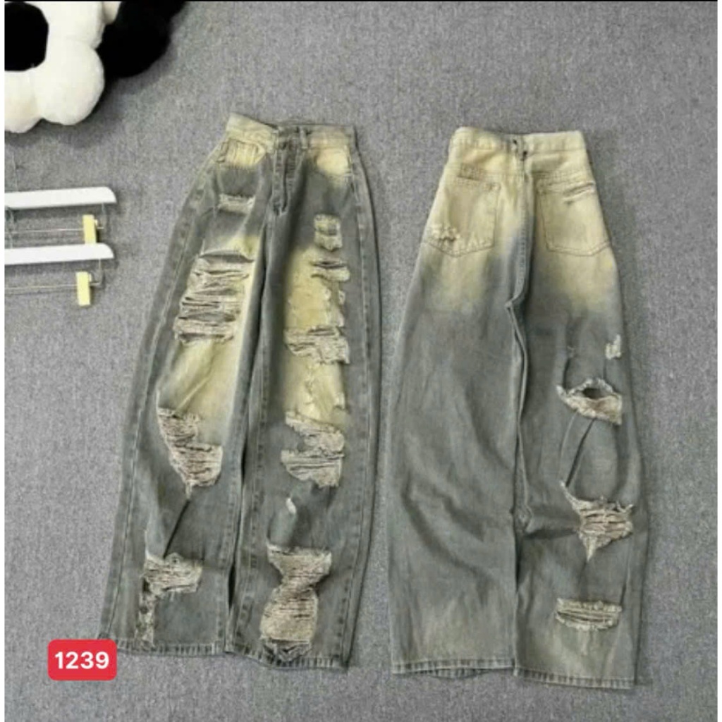 Quần jean Nữ Suông Lưng Cao, Quần Baggy Jean Nữ Phối Rách chất bò mềm thời trang trẻ trung - MQ1239