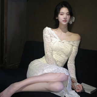  Váy trắng GDCARRY ôm sát body cổ chữ V quyến rũ - Đầm ren dự tiệc dài tay thay lịch sang trong 