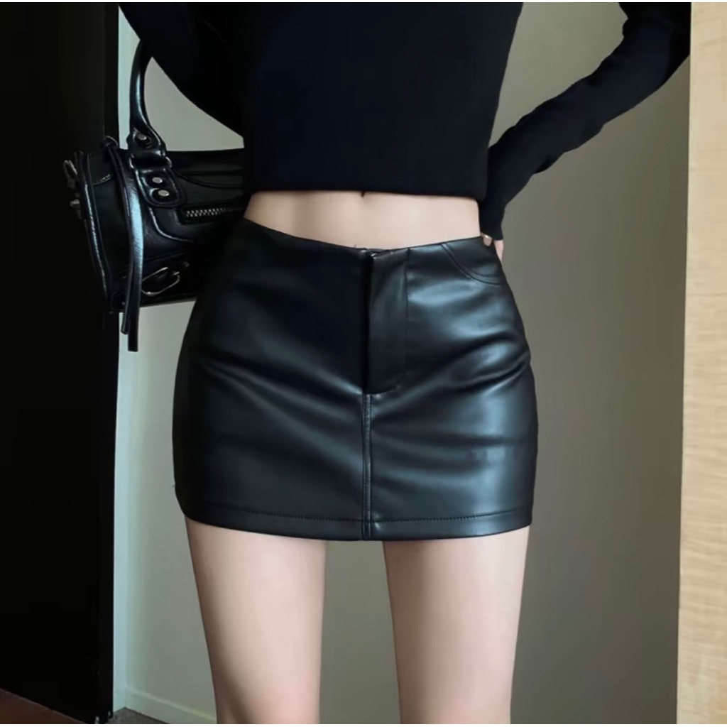 V26 - Chân váy da đen ngắn trendy có lót trong ôm tôn dáng nữ slay cá tính slay cool ngầu girl dự ti
