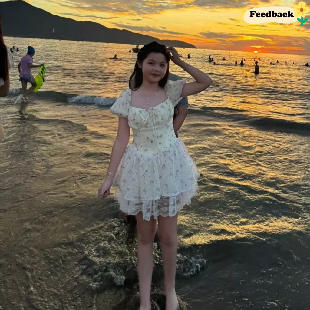 Đầm Hoa Nhí Tay Phồng Cổ Vuông Lưng Bo Chun Dáng Ngắn Chân Váy Ren 4 Lớp Phồng_ Kieupham.shop | BigBuy360 - bigbuy360.vn