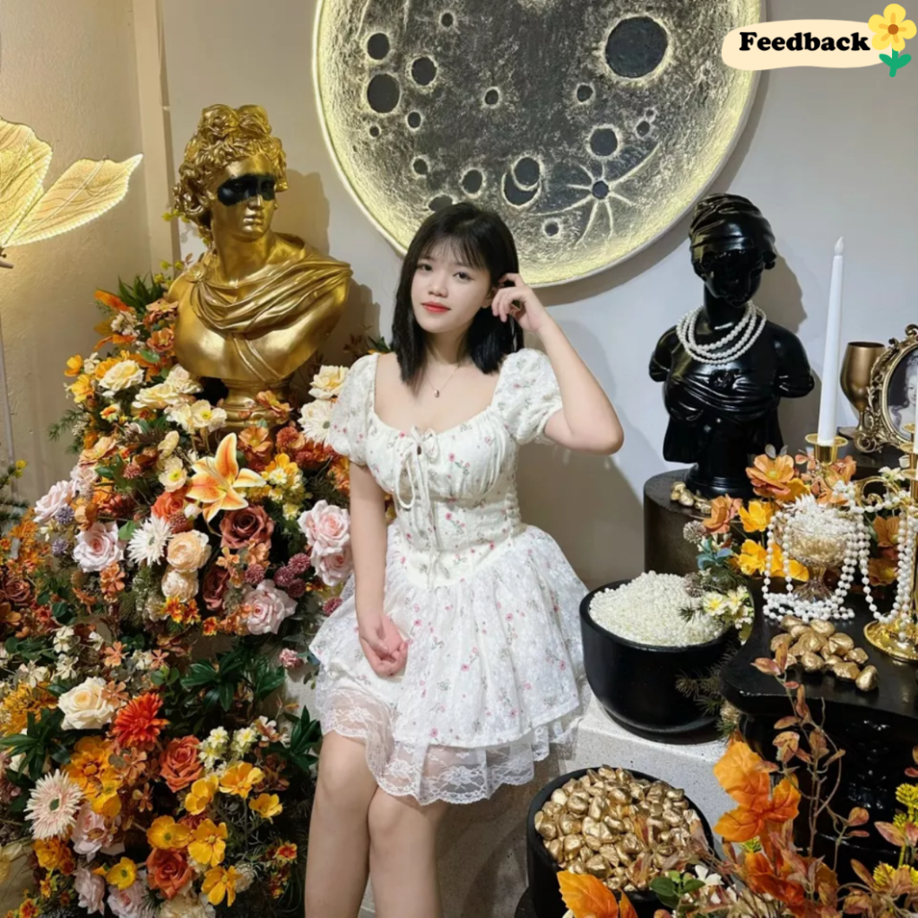 Đầm Hoa Nhí Tay Phồng Cổ Vuông Lưng Bo Chun Dáng Ngắn Chân Váy Ren 4 Lớp Phồng_ Kieupham.shop | BigBuy360 - bigbuy360.vn