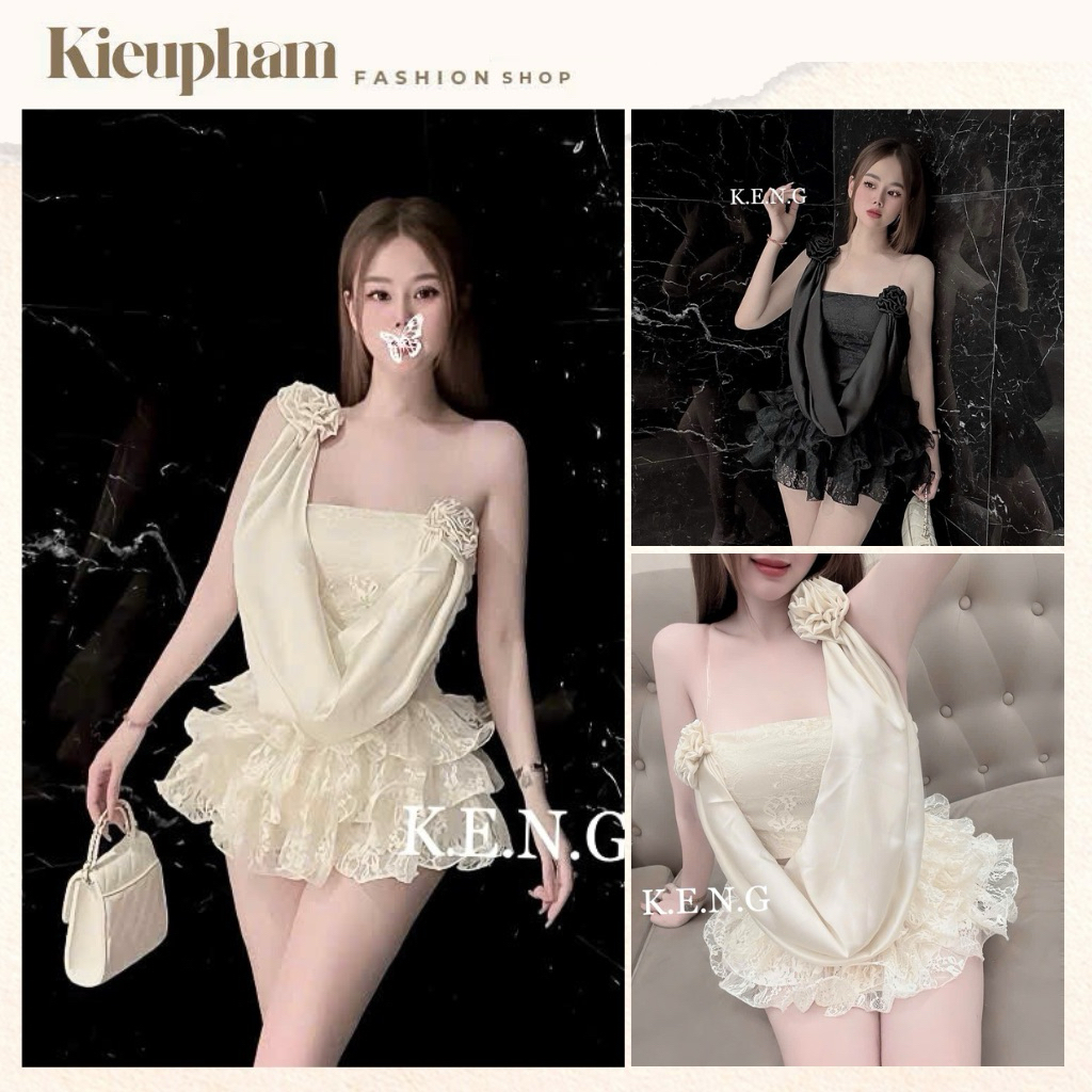Set Áo Lụa Silk Cổ Rũ Đính 2 Hoa Mix Quây Ren + Chân Váy Ren Tầng By Kieupham.shop