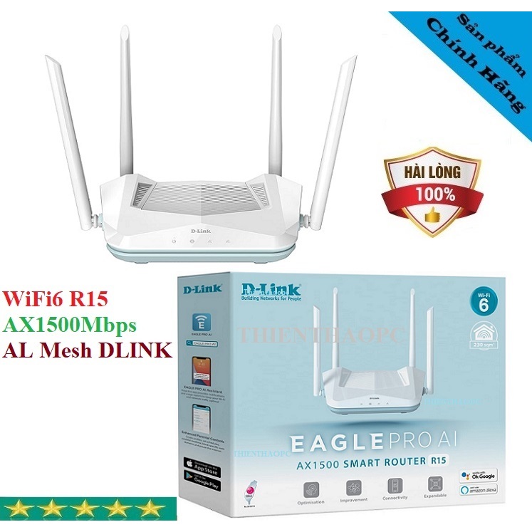 Bộ Phát WiFi WiFi6 DLink AX1500Mbps R15 Lan Gigabit , Al Mesh Loại 4 Ăng Ten