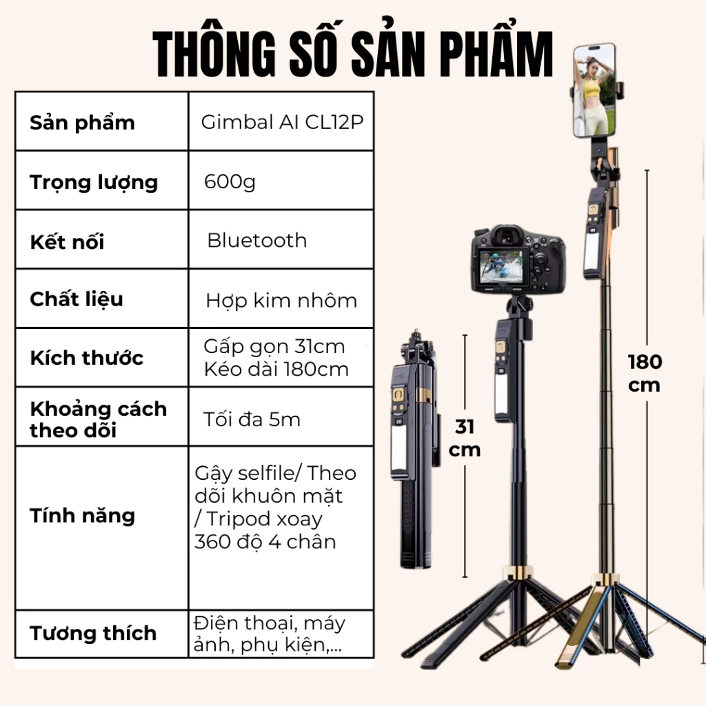 Gậy Chụp Ảnh 4 Chân Có Gimbal Ai Thông Minh 5.0, Tripod Điện Thoại Cao 1m8, Xoay 360, 3 Đèn Trợ Sáng | BigBuy360 - bigbuy360.vn