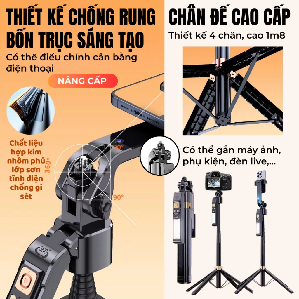 Gậy Chụp Ảnh 4 Chân Có Gimbal Ai Thông Minh 5.0, Tripod Điện Thoại Cao 1m8, Xoay 360, 3 Đèn Trợ Sáng | BigBuy360 - bigbuy360.vn