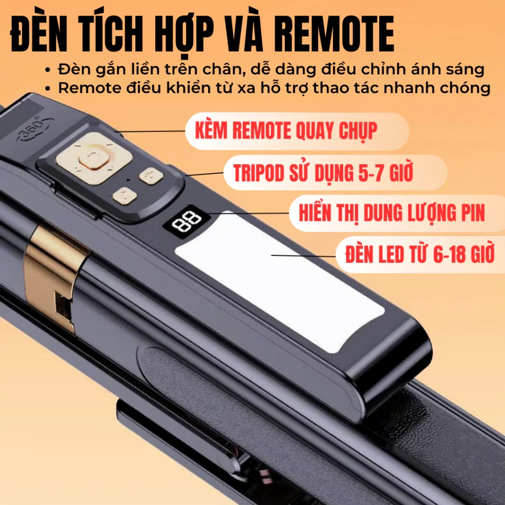 Gậy Chụp Ảnh 4 Chân Có Gimbal Ai Thông Minh 5.0, Tripod Điện Thoại Cao 1m8, Xoay 360, 3 Đèn Trợ Sáng | BigBuy360 - bigbuy360.vn