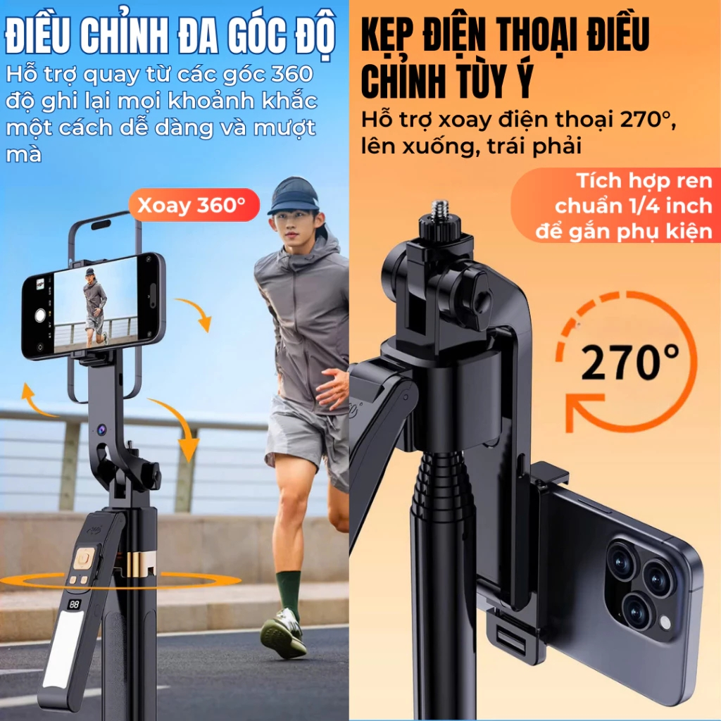 Gậy Chụp Ảnh 4 Chân Có Gimbal Ai Thông Minh 5.0, Tripod Điện Thoại Cao 1m8, Xoay 360, 3 Đèn Trợ Sáng | BigBuy360 - bigbuy360.vn