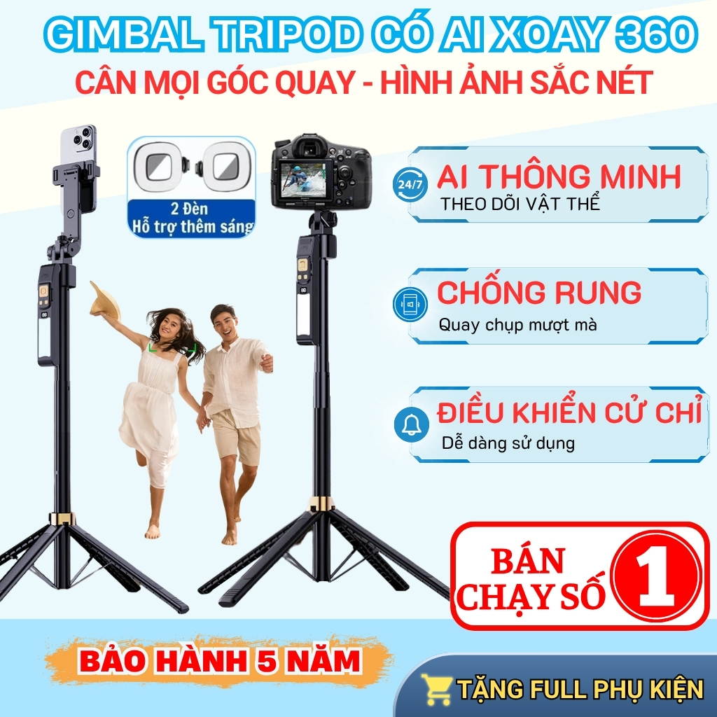 Gậy Chụp Ảnh 4 Chân Có Gimbal Ai Thông Minh 5.0, Tripod Điện Thoại Cao 1m8, Xoay 360, 3 Đèn Trợ Sáng