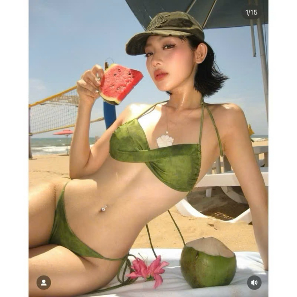 Bikini 2 mảnh xanh rêu mẫu mới cúp ngực quần khoe Mông ( che tên) | BigBuy360 - bigbuy360.vn