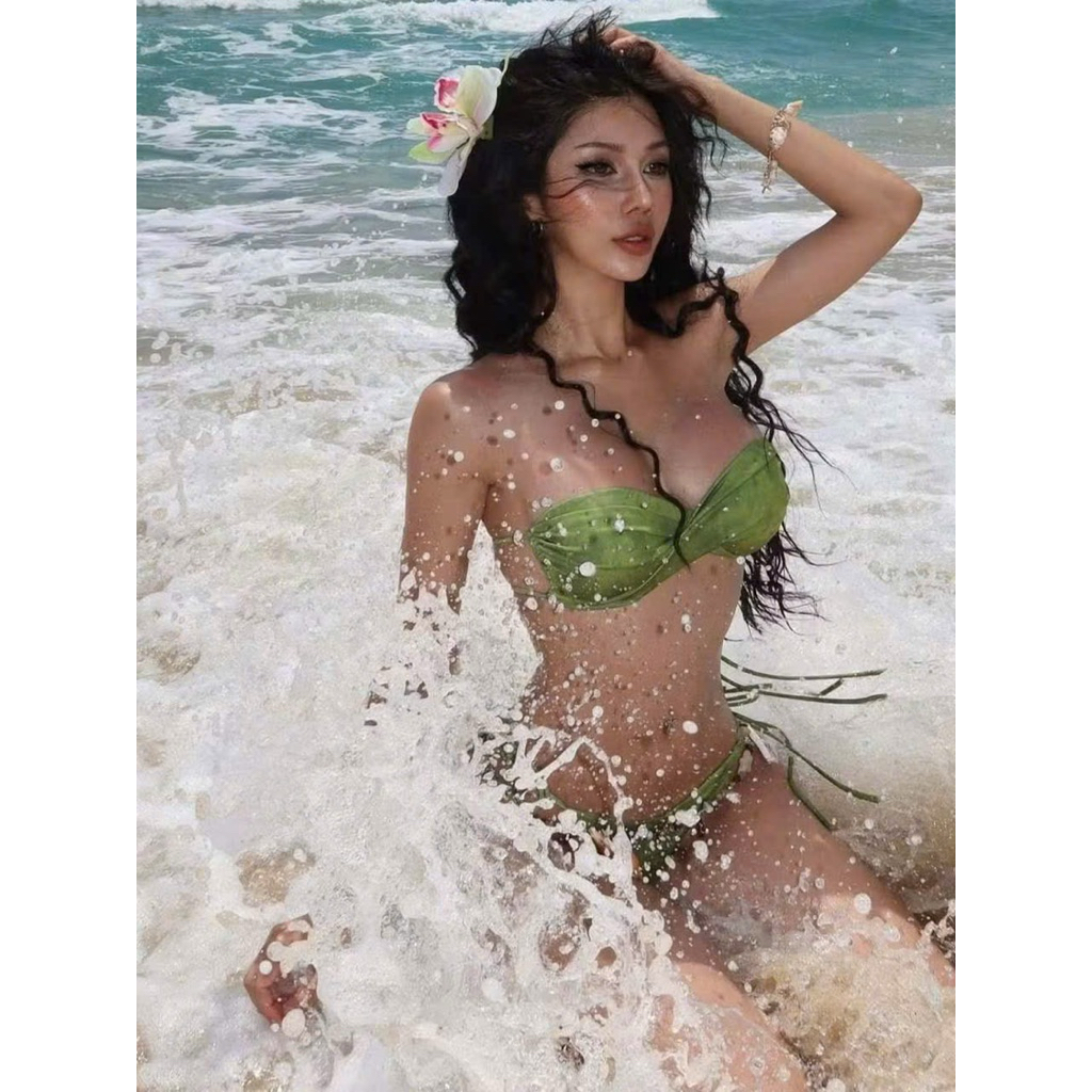 Bikini 2 mảnh xanh rêu mẫu mới cúp ngực quần khoe Mông ( che tên) | BigBuy360 - bigbuy360.vn