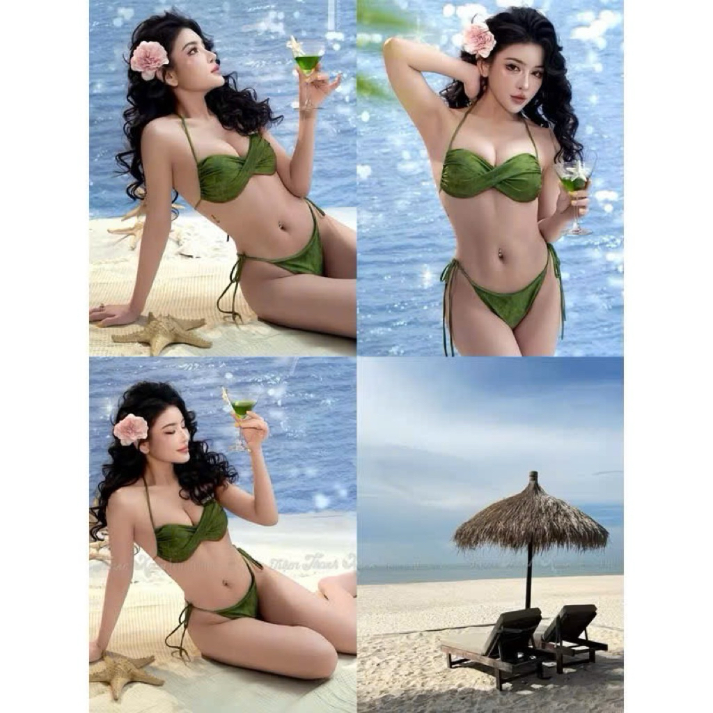 Bikini 2 mảnh xanh rêu mẫu mới cúp ngực quần khoe Mông ( che tên) | BigBuy360 - bigbuy360.vn