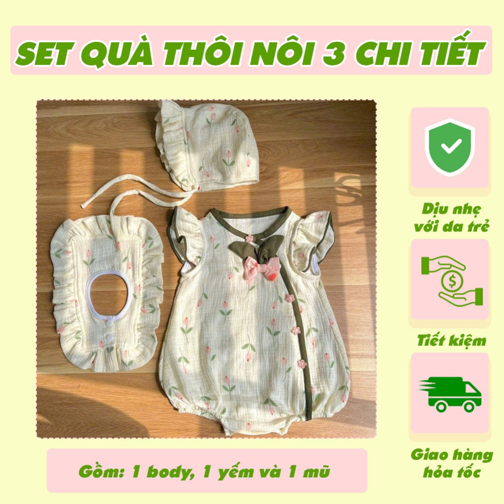 [Hỏa Tốc HCM] Set Quà Tặng Thôi Nôi Cho Bé Gái Chất Muslin Gồm Body Yếm Và Mũ