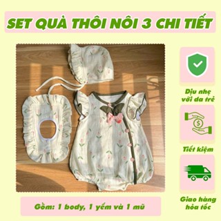 [Hỏa Tốc HCM] Set Quà Tặng Thôi Nôi Cho Bé Gái Chất Muslin Gồm Body Yếm Và Mũ