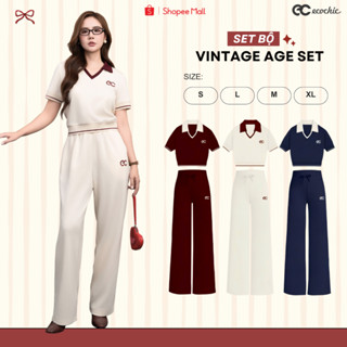 Set Bộ ECOCHIC VINTAGE AGE Áo Croptop Cổ V Polo Quần Ống Suông Cạp Cao Chất Liệu Cao Cấp Mềm Mịn Chính Hãng B177