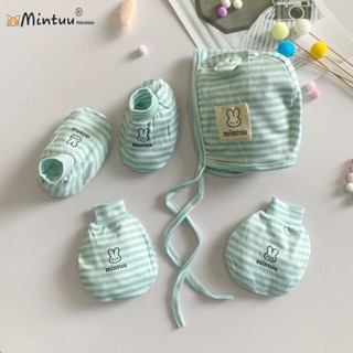 Set mũ tai thỏ cột dây - tay chân bo vải viscoses sọc dẻo, thương hiệu MINTUU -  9081