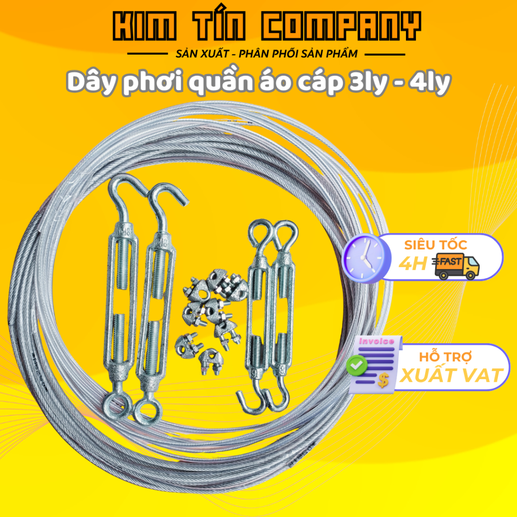 Nguyên bộ dây phơi quần áo với dây cáp bọc nhựa 3mm hay dây cáp bọc nhựa 4mm đi kèm tăng đơ và ốc siết cáp1
