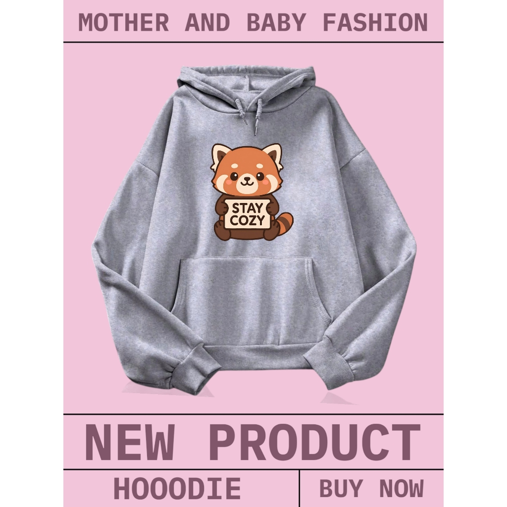 Áo Hoodie Nỉ Cotton Dày Dặn – Hình Gấu Trúc Đỏ STAY COZY, Giữ Ấm, Mềm Mại Cho Bé (M 256)