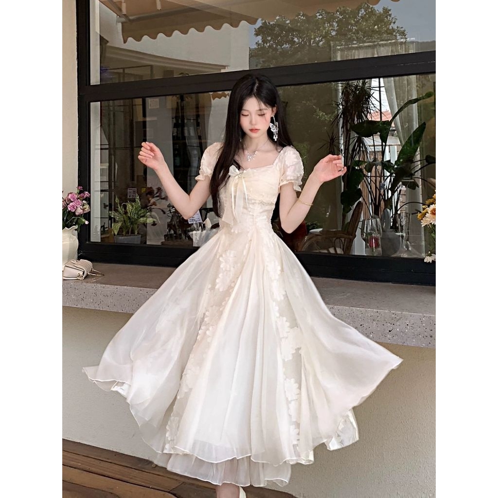  Đầm Tiểu Thư Dáng Dài Cố Vuông Tay Bồng Chất Tơ Hoa Phối Tơ Óng Mặc Dự Tiệc Sang Chảnh  TLV25  Thiên Lý Fashion 