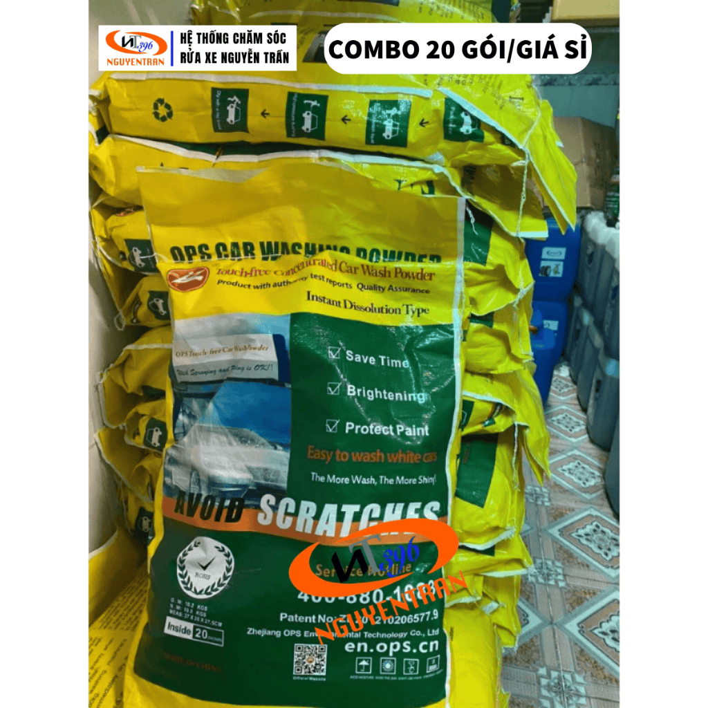 BỘT RỬA XE KHÔNG CHẠM OPS VÀNG (BAO 20 GÓI) 10KG DÙNG CHO CÁC LOẠI XE MÁY, Ô TÔ, GARAGE
