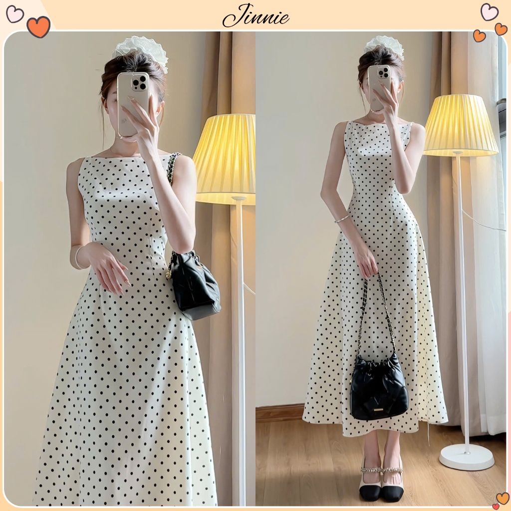 Váy dài maxi cổ yếm nhẹ nhàng thanh lịch tiểu thư hoạ tiết chấm bi JINNIE DRESS Đầm cổ thuyền