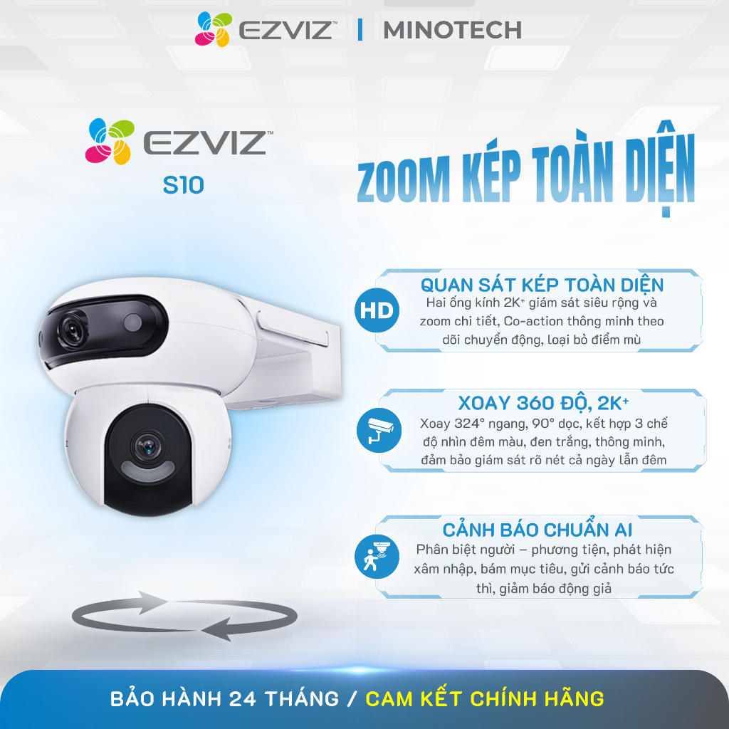Camera EZVIZ H90 Dual (4MP+4MP) 2K+ – Quay Quét 2 Ống Kính, AI Thông Minh, Loa, Đèn Chớp