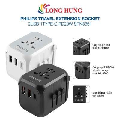 Ổ cắm điện Philips Travel Extension Socket 2USB 1Type-C PD20W SPN3351 - Hàng chính hãng