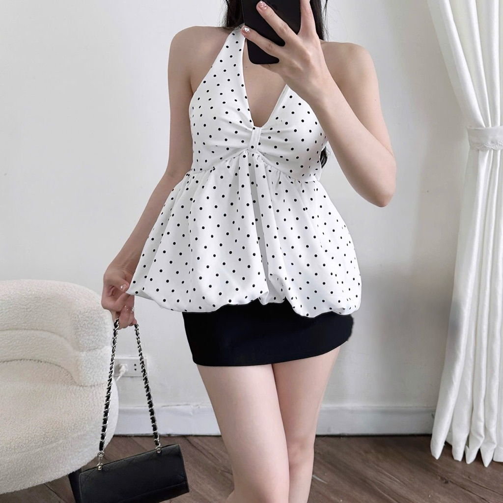 (Có Mút) Áo Yếm Chấm Bi Nhún Ngực Form Bí Xoè Lưng Chun co giãn | BigBuy360 - bigbuy360.vn