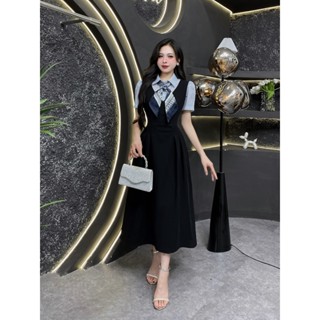 EV18 - Váy Thiết Kế Evii dành cho nữ, Đầm thiết kế cổ đức phối kẻ họa tiết nơ nhí (tặng kèm khăn) dáng A xòe dài.