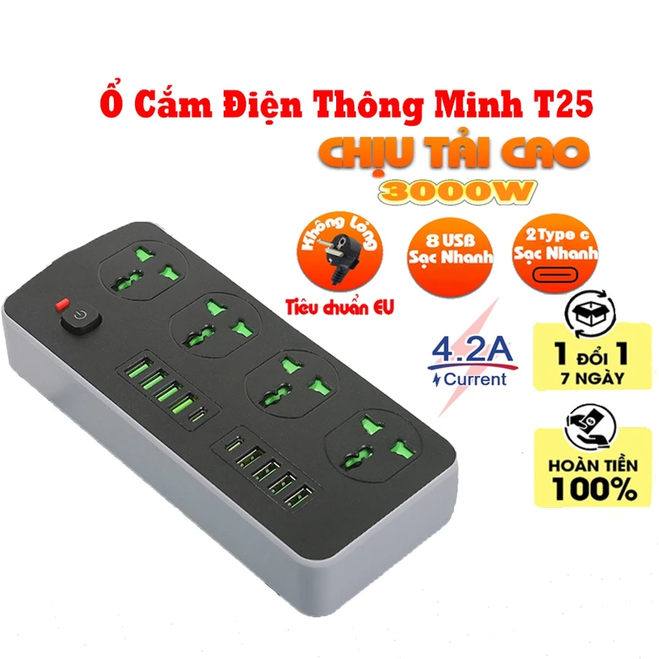 Ổ cắm điện đa năng Thông minh 8 cổng USB 2 cổng Type C sạc nhanh, ổ điện chíp xử lý Xiaomi chịu tải 