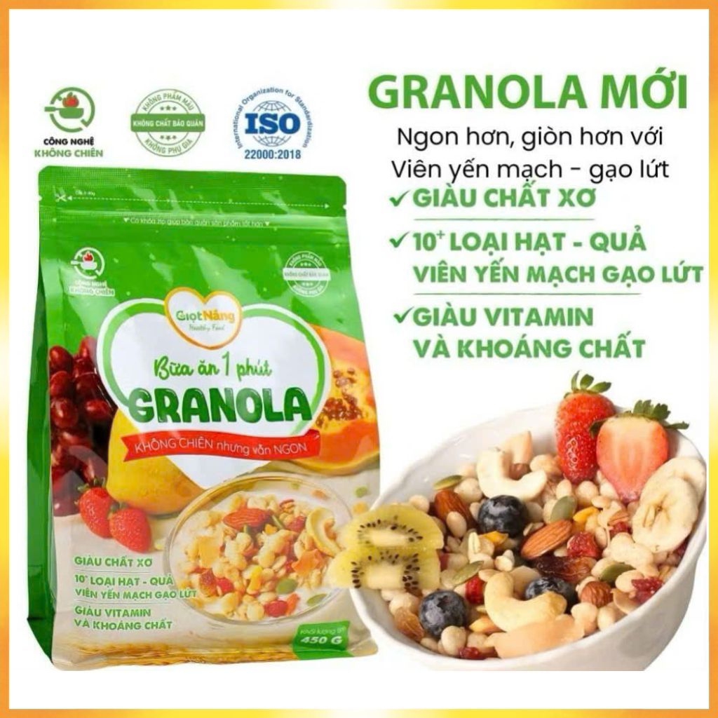 Ngũ cốc ăn sáng Granola GIỌT NẮNG mới - ngon giòn, healthy lành mạnh từ hạt và trái cây, túi 450gr