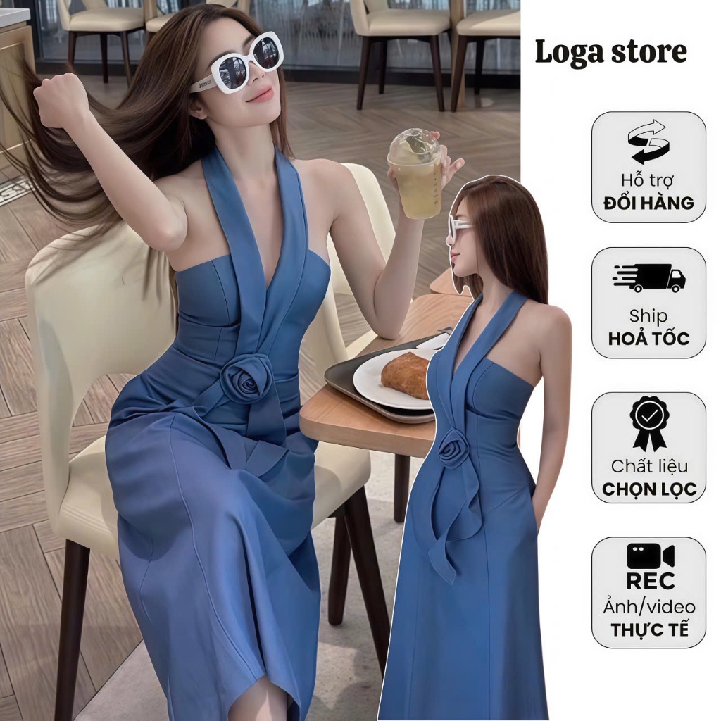 Váy denim dáng dài cổ yếm sang cảnh, đầm jean ôm cúp ngực đính hoa, váy jeans xoè dự tiệc Loga store_ L482