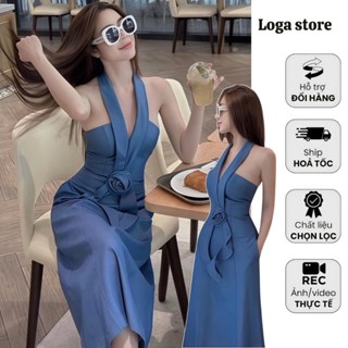 Váy denim dáng dài cổ yếm sang cảnh, đầm jean ôm cúp ngực đính hoa, váy jeans xoè dự tiệc Loga store_ L482