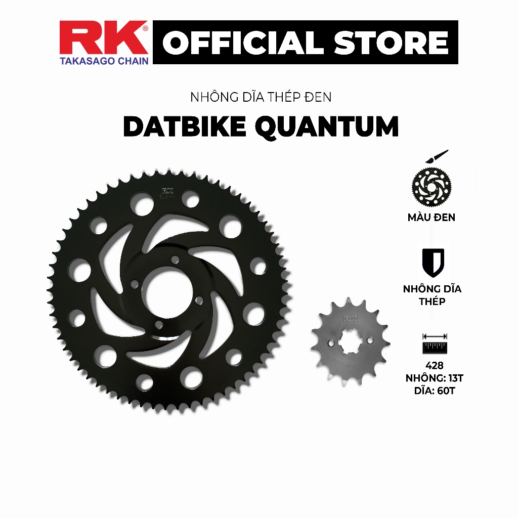 Nhông Dĩa RK Takasago cho xe điện Datbike Quantum S2, S3 chất liệu: Thép mạ màu đen, size 428