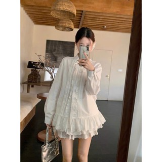 METWO. - Set áo sơ mi thô boil trắng kiểu phối bèo cổ nơ FORM RỘNG QC kèm chân váy ngắn xoè ren tầng ulzzang Hàn Quốc