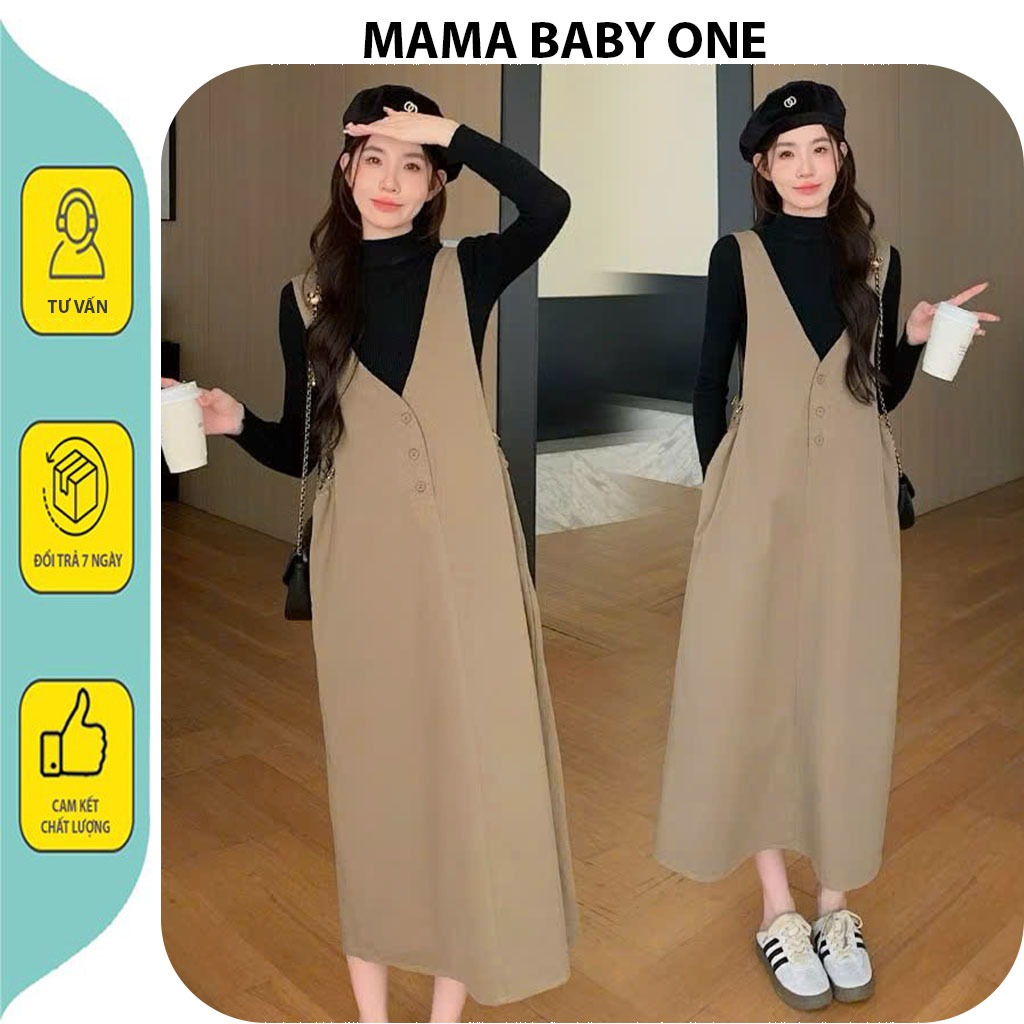 Set đầm váy bầu MAMA BABY ONE X431 thiết kế váy yếm kèm áo dài tay mùa thu đông bầu bí bao xinh bao 