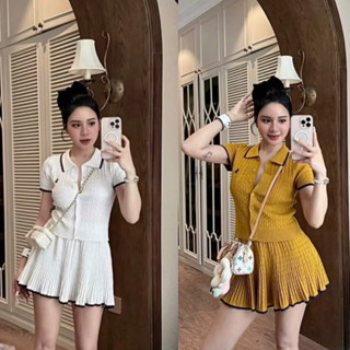 Set len nữ áo polo len thêu ngựa mongtoghi kèm chân váy xếp ly dáng ngắn mùa thu đông