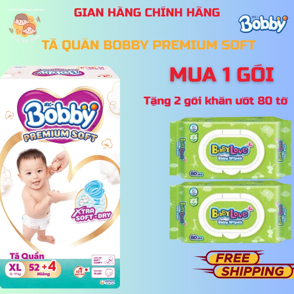 Tã Quần cao cấp Bobby Extra Soft Dry Size M60+4/XXL42+4/L56+4/XL52+4/XXL48+4 miếng - Chính Hãng