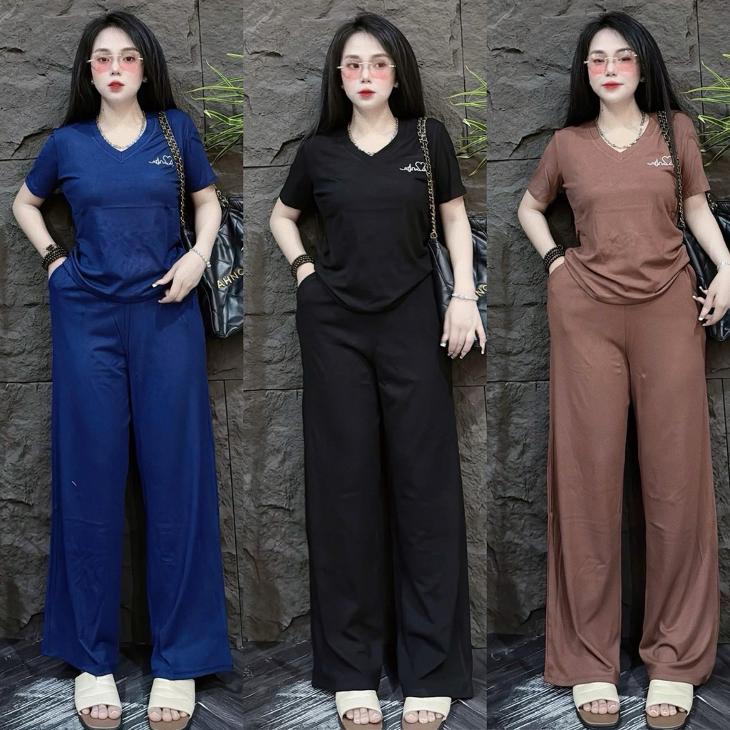 Set Bộ Thun Tăm Cổ Tim Quần Suông Chữ Thêu - HN CLOSET