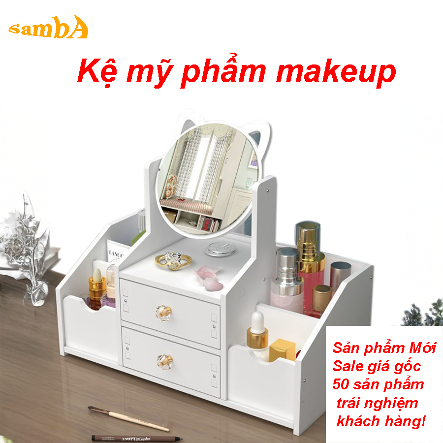 Kệ mỹ phẩm Hàn Quốc mini tai mèo 2 tầng có ngăn kéo - Phong Cách Dễ Thương- Movava