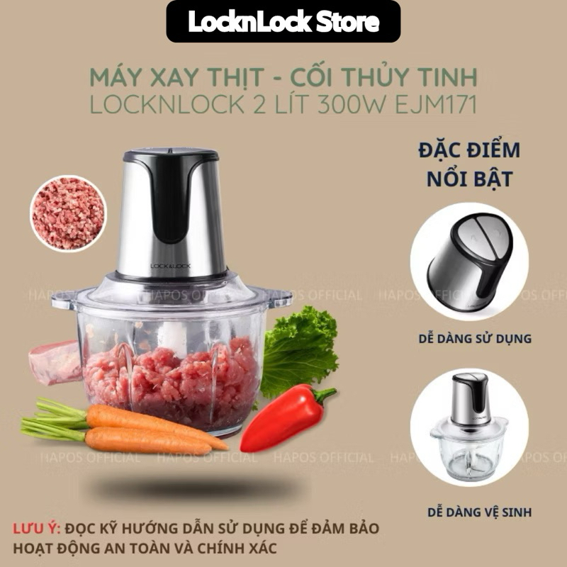 Máy xay thịt LocknLock đa năng 2L cối thủy tinh, công suất lớn, 4 lưỡi dao, làm giò chả gia đình EJM