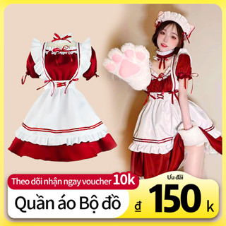 Váy Nữ Hầu Gái LILITA Màu Đỏ Rượu Phong Cách Nhật Bản Dễ Thương Cosplay Lolita Size Lớn Full Bộ