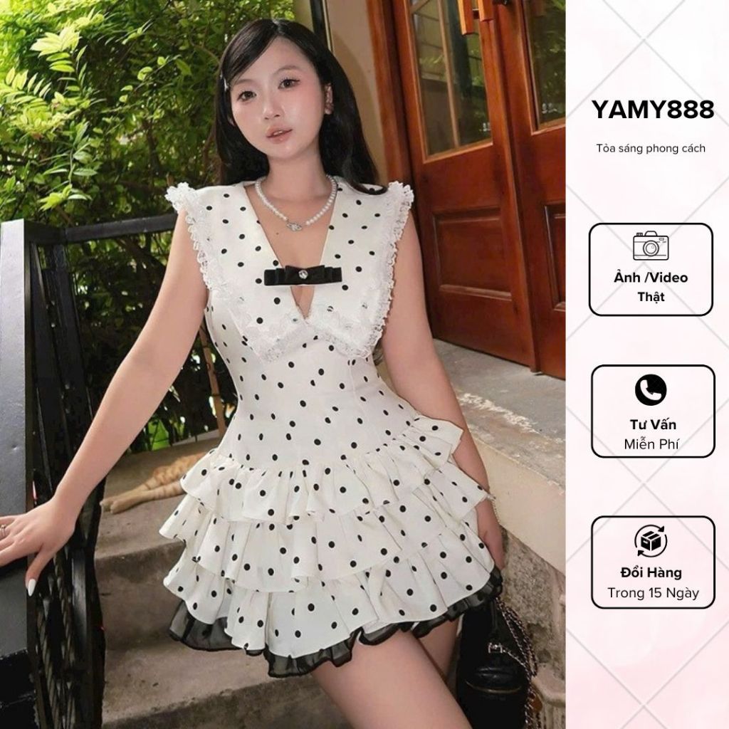 Đầm Nữ Dáng Ngắn Họa Tiết Chấm Bi Sát Nách Ly Xòe Tiểu Thư V6411 - Yamy888