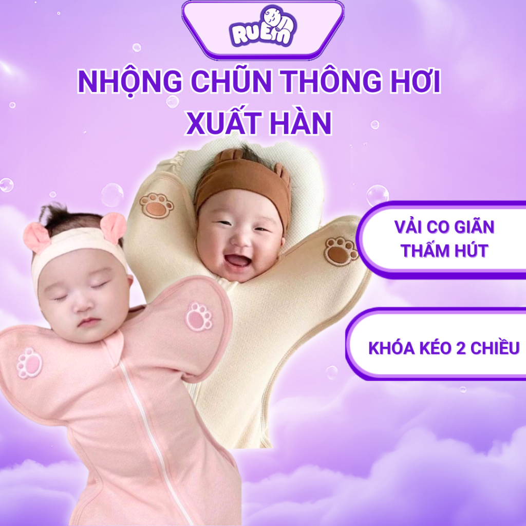 Nhộng Chũn Thông Hơi Xuất Hàn Giúp Bé Ngủ Ngon Co Giãn, Mềm Mát, Có Khóa 2 Chiều Thoải Mái Tiện Dụng Ru Em