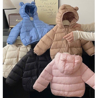 Áo khoác phao trơn màu Quảng Châu phối mũ tai gấu siêu dày ấm cho bé trai bé gái. Áo khoác phao mùa đông cho trẻ em