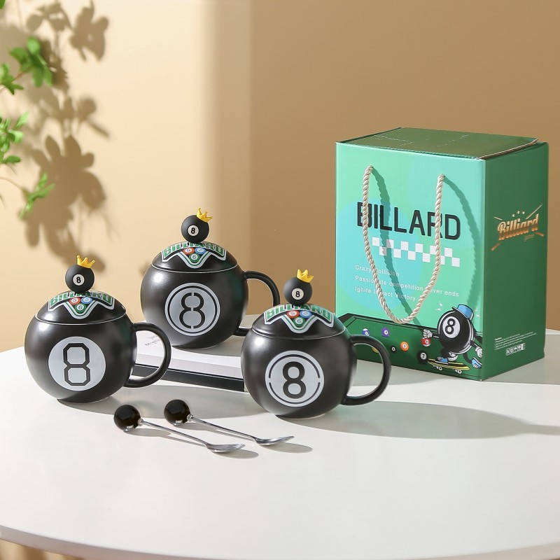 Cốc sứ hình bóng bida số 8 màu đen, kèm nắp thìa, dung tích 420ml món quà lưu niệm ý nghĩa GS074