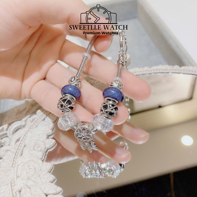 Vòng tay Pandora G019 style hạt charm xanh bạc sang trọng, kèm charm tua rua lấp lánh